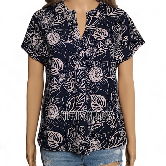 Melloday Navy Floral Leaf Print Jersey Split Neck Short Sleeve Blouse Size S - Picture 3 of 11